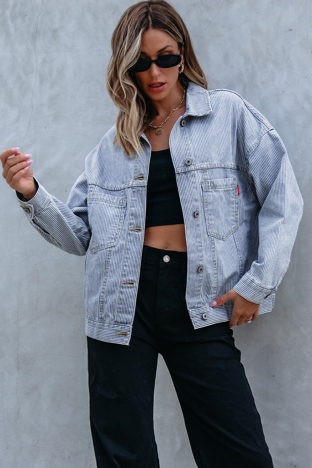 Blue Stripe Washed Oversize Pocketed Denim Jacket