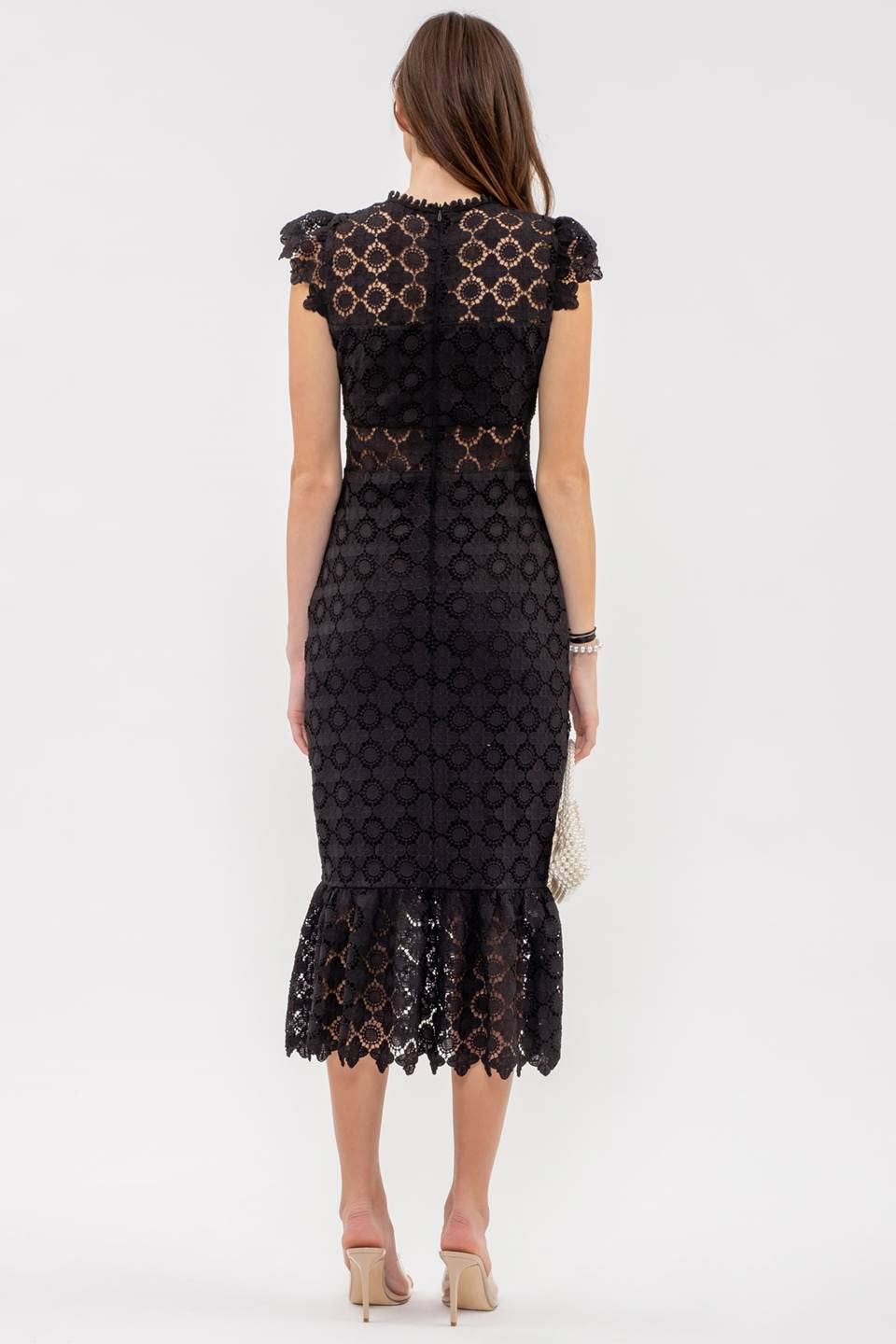 EYELET LACE RUFFLE MIDI DRESS