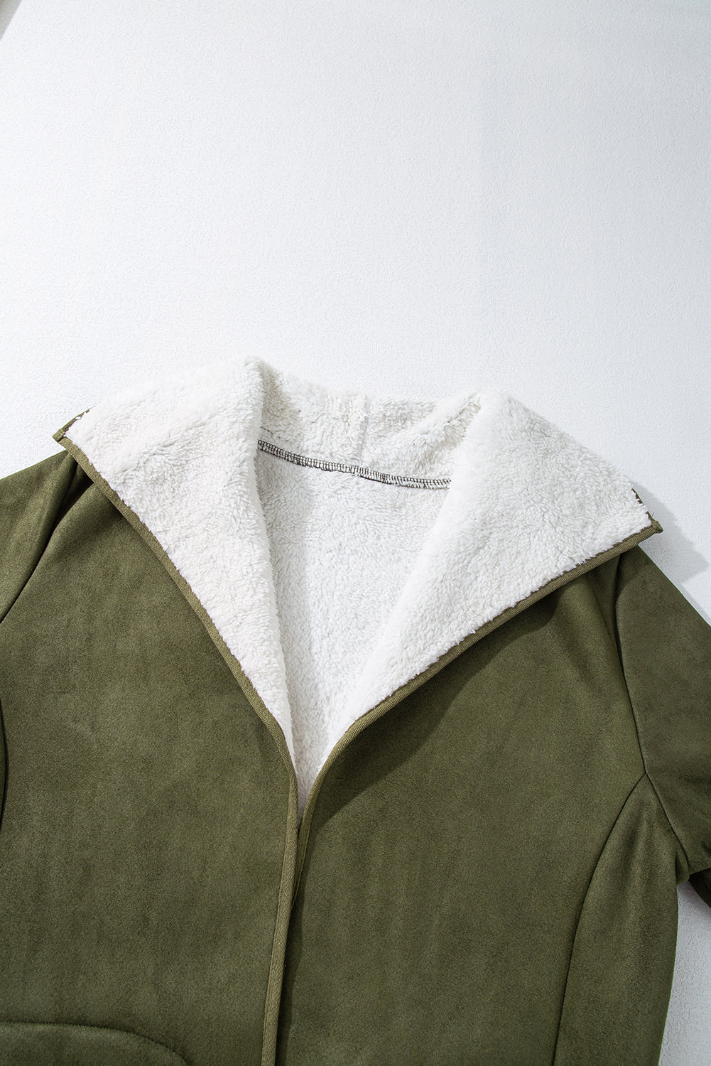 Green Faux Suede Fleece Lined Open Front Jacket