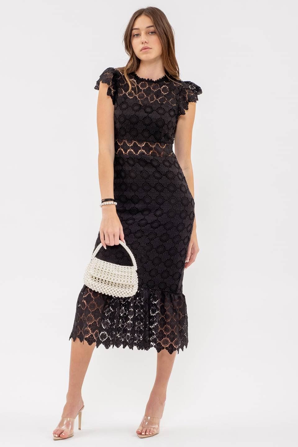 EYELET LACE RUFFLE MIDI DRESS