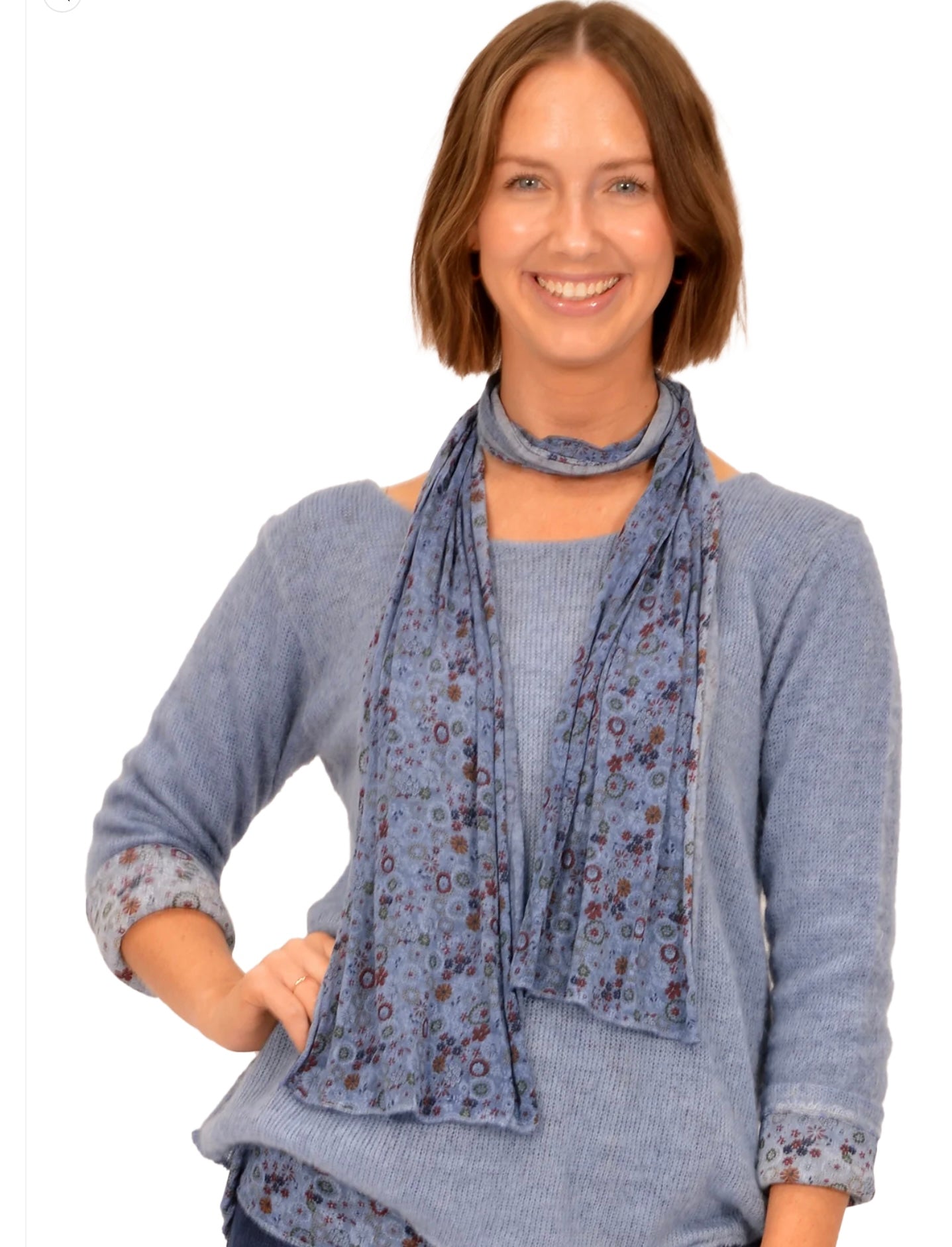 Catherine Lilywhite’s Blue Jean Sweater w/ Floral Scarf