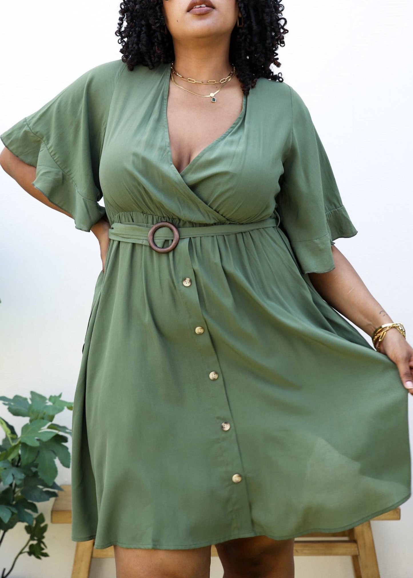 Plus Size O-Ring Tied Belt Waist Butterfly Flare Sleeve Midi