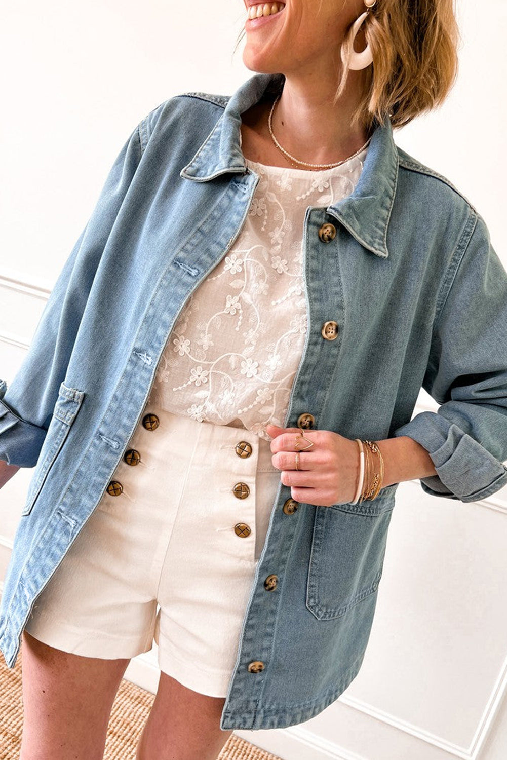 Dusk Blue Slit Buttons Pocketed Denim Jacket