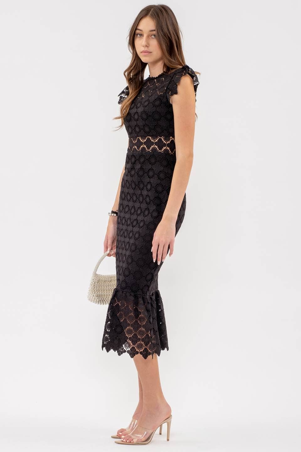 EYELET LACE RUFFLE MIDI DRESS