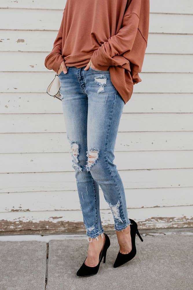Distressed Ripped Slastic Skinny Jeans