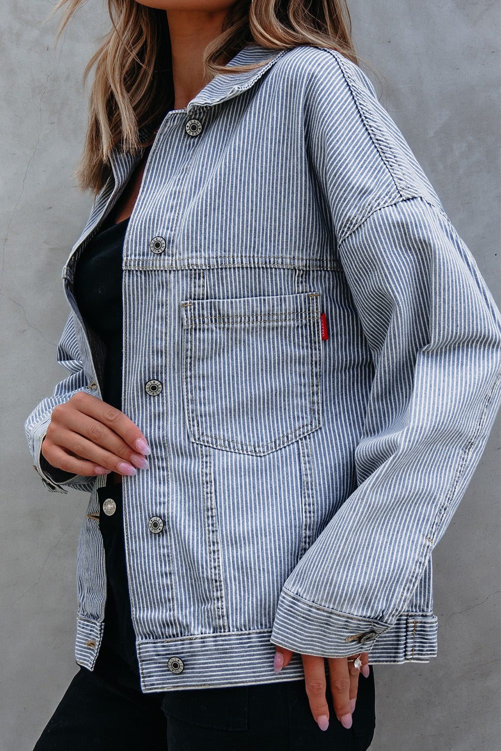 Blue Stripe Washed Oversize Pocketed Denim Jacket