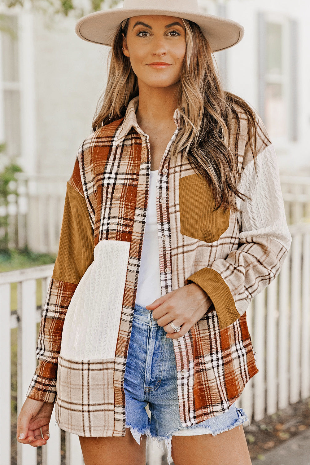 Pink Plaid Color Block Patchwork Shirt Jacket with Pocket