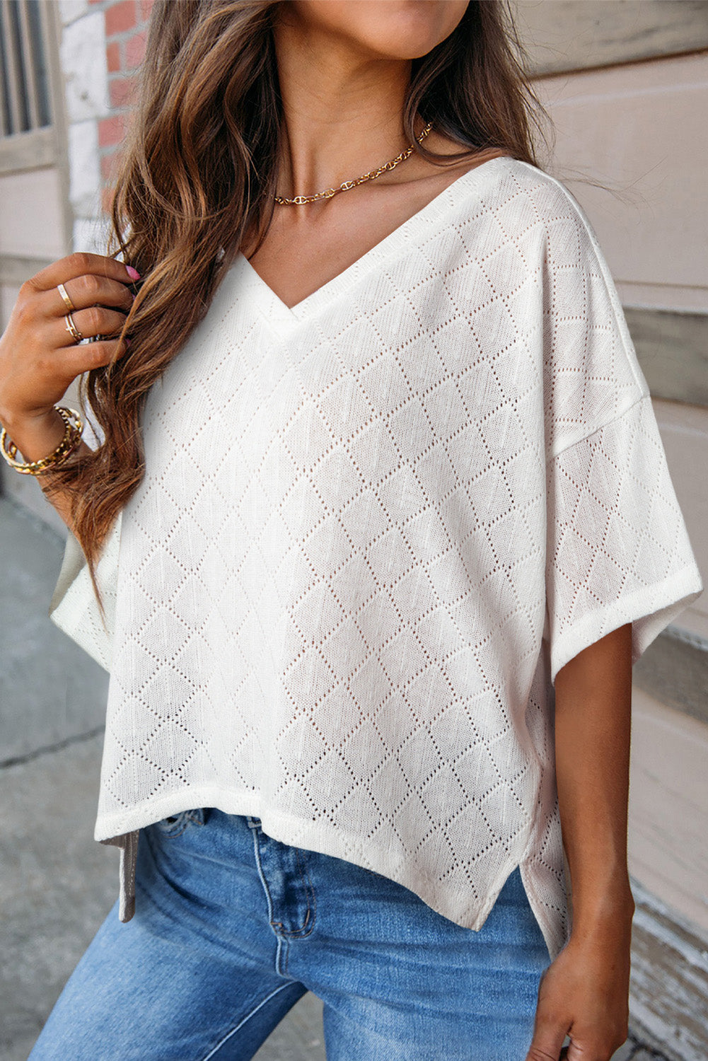 Eyelet V-Neck Dropped Shoulder T-Shirt