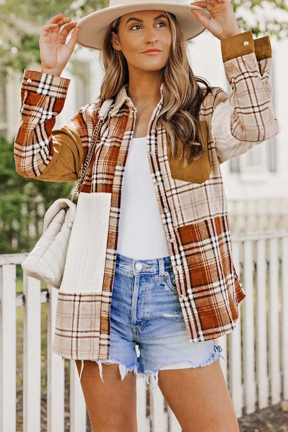 Pink Plaid Color Block Patchwork Shirt Jacket with Pocket