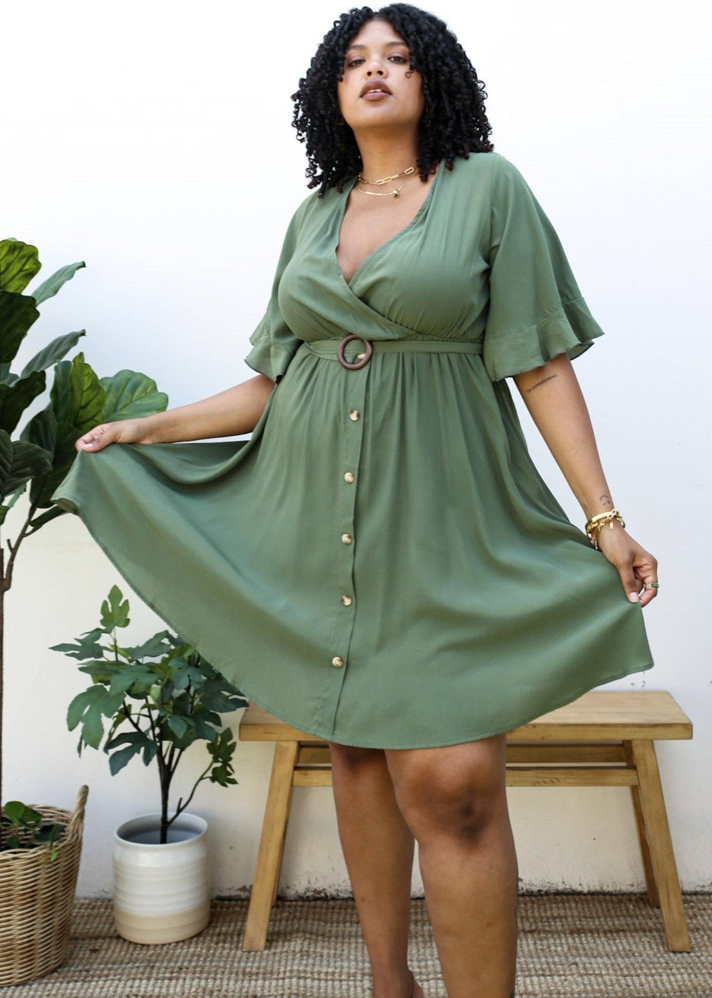 Plus Size O-Ring Tied Belt Waist Butterfly Flare Sleeve Midi