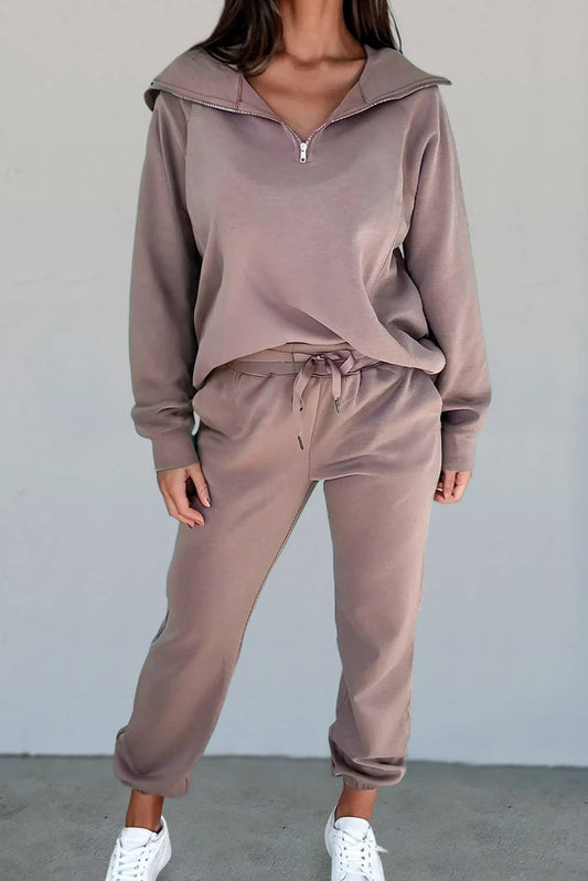 Solid Zip Collar Long Sleeve Top & Pants Set | S-XL