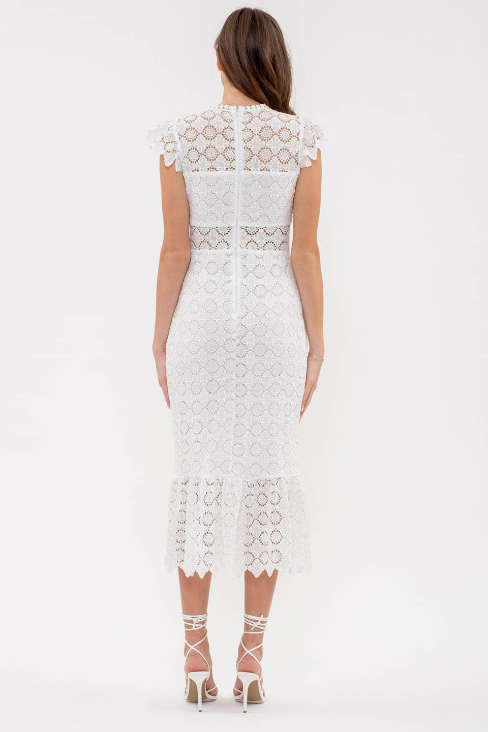 EYELET LACE RUFFLE MIDI DRESS