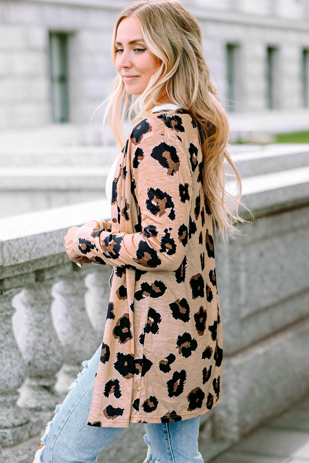 Brown Buttoned Thigh-high Length Plus Size Cardigan