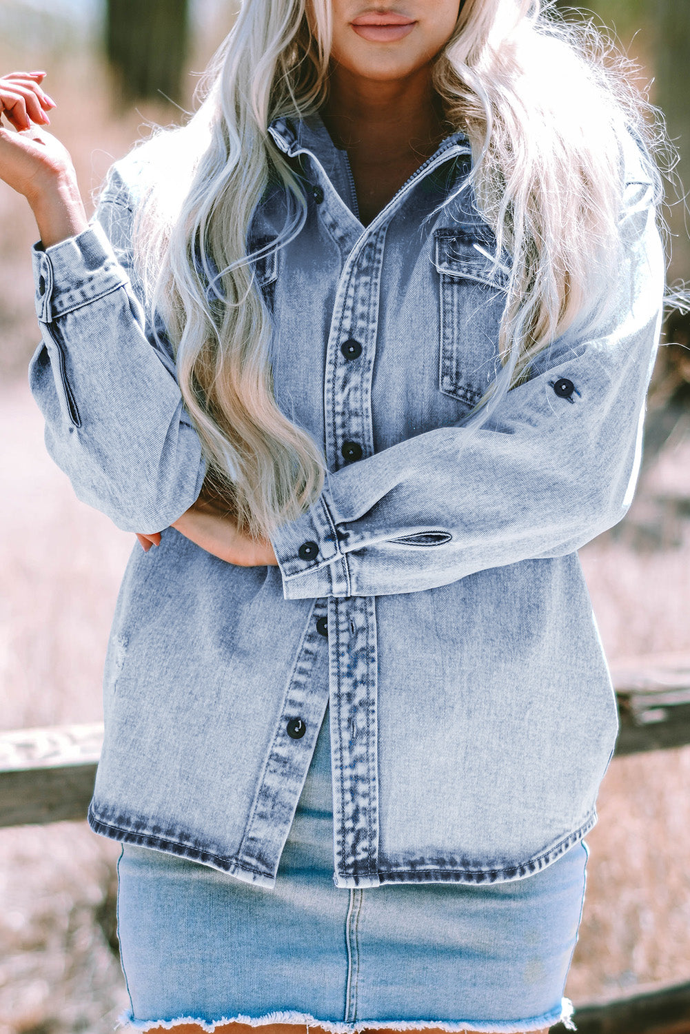 Mist Blue Oversized Contrast Hooded Denim Jacket