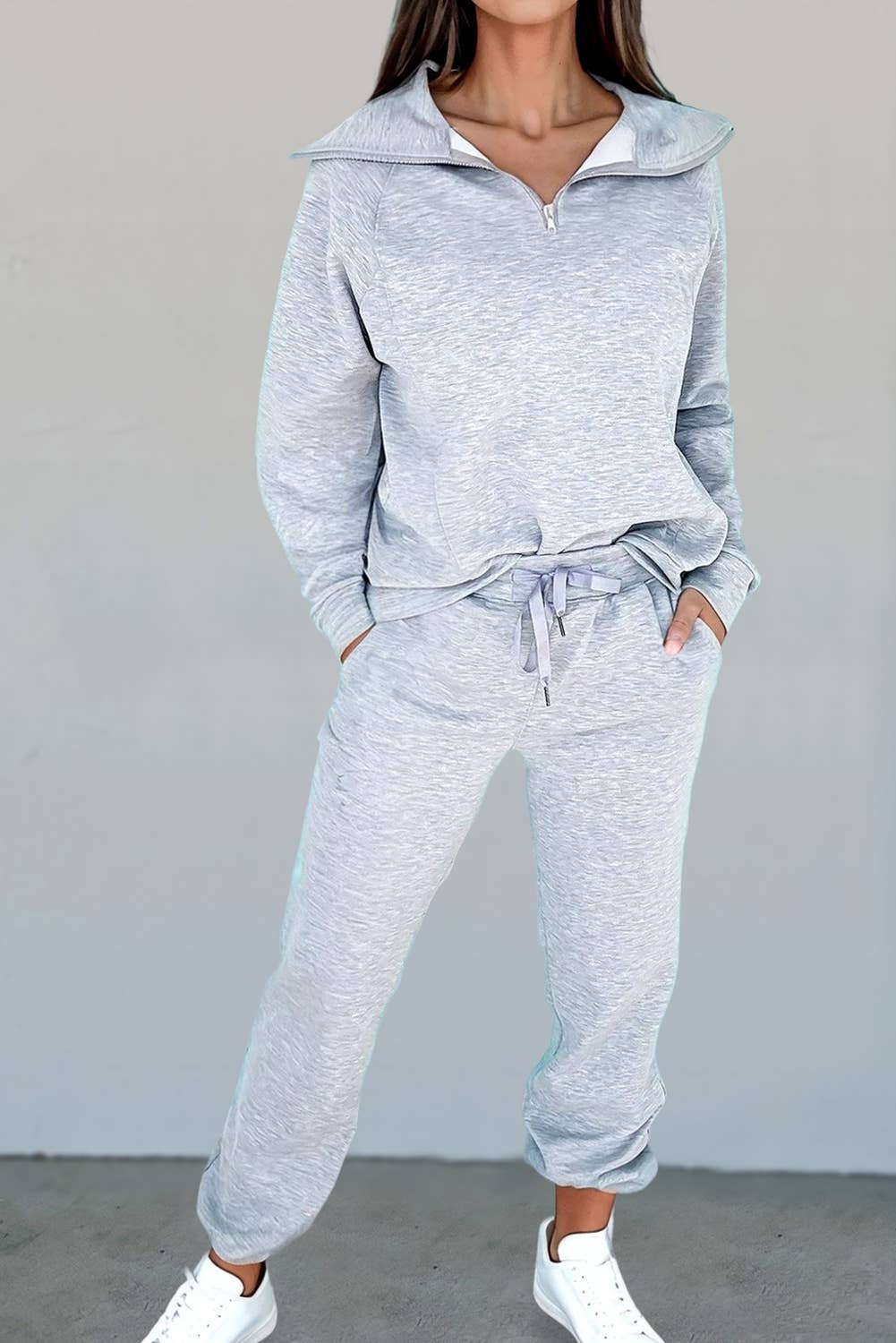 Solid Zip Collar Long Sleeve Top & Pants Set | S-XL