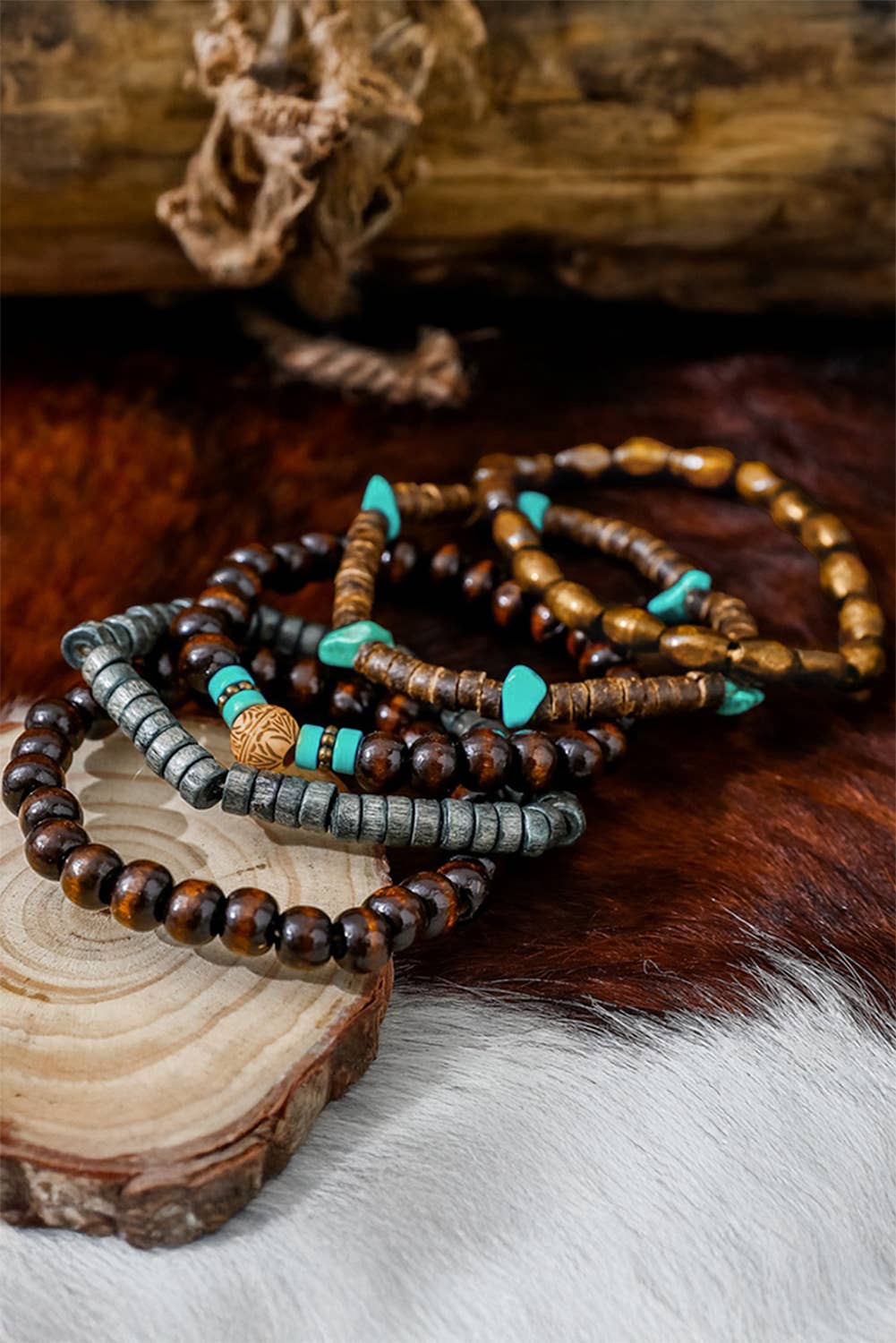 Boho Turquoise Wooden Beaded Multi Layer Bracelet Set