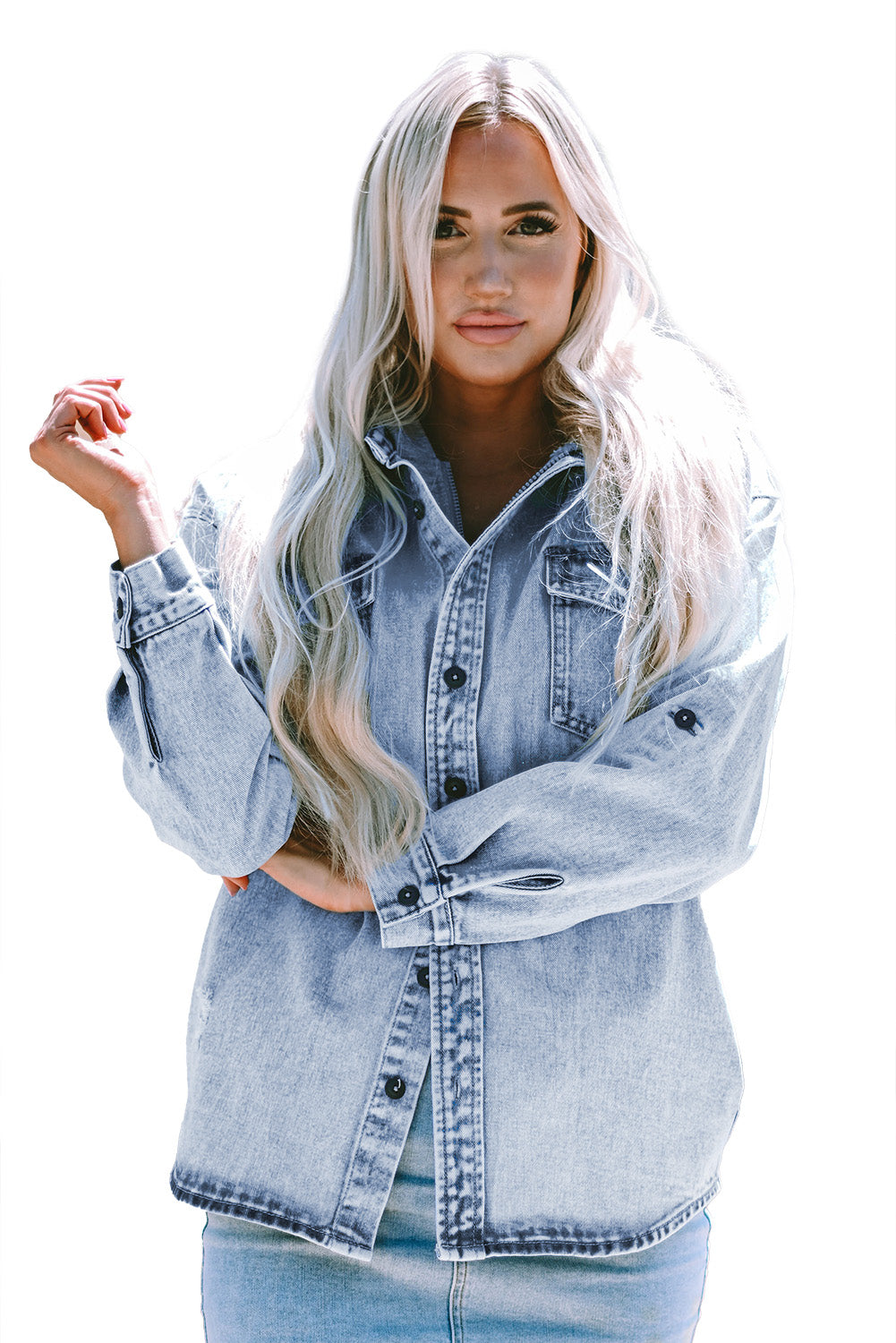 Mist Blue Oversized Contrast Hooded Denim Jacket