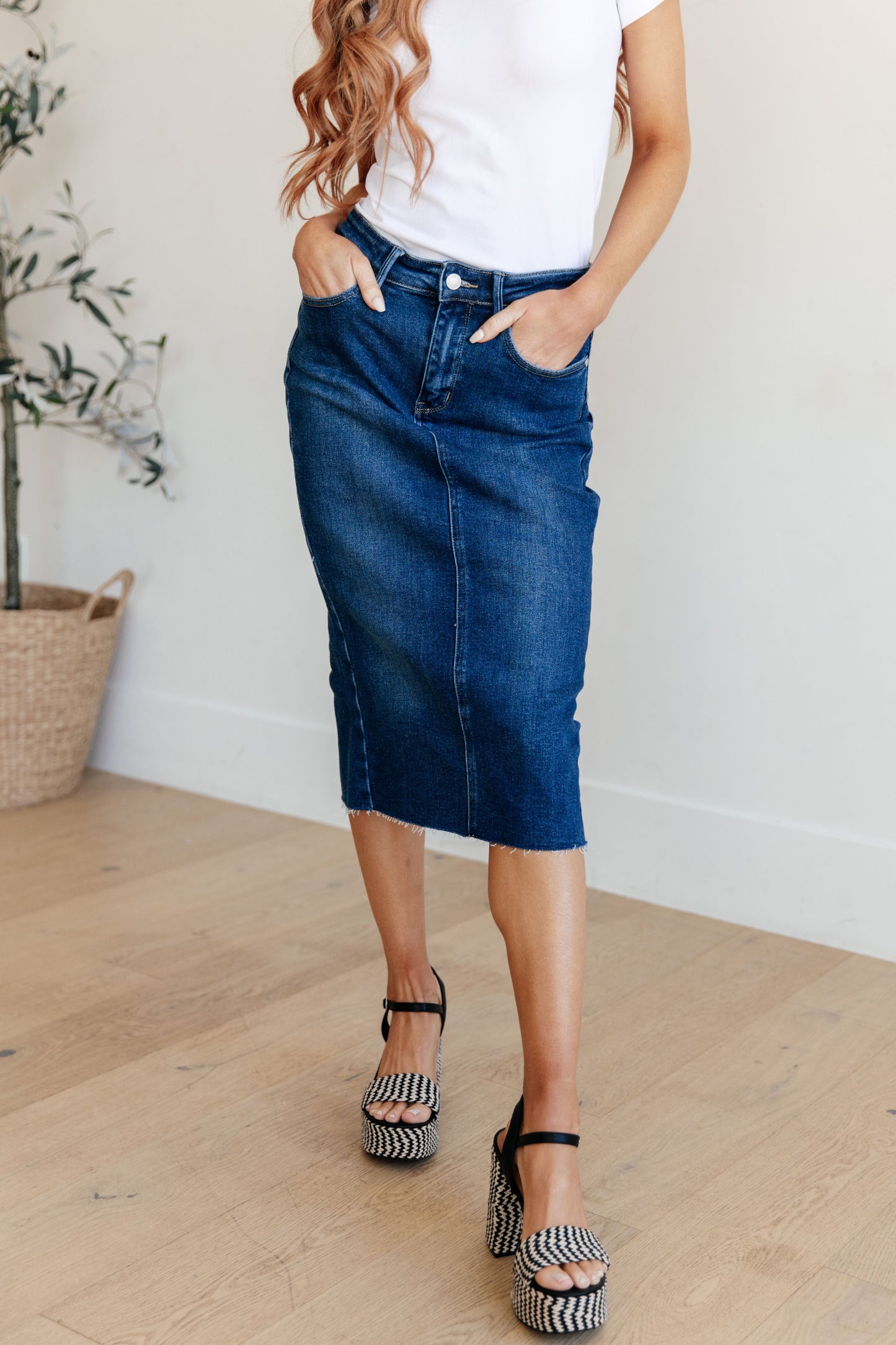 Marcy High Rise Denim Midi Skirt